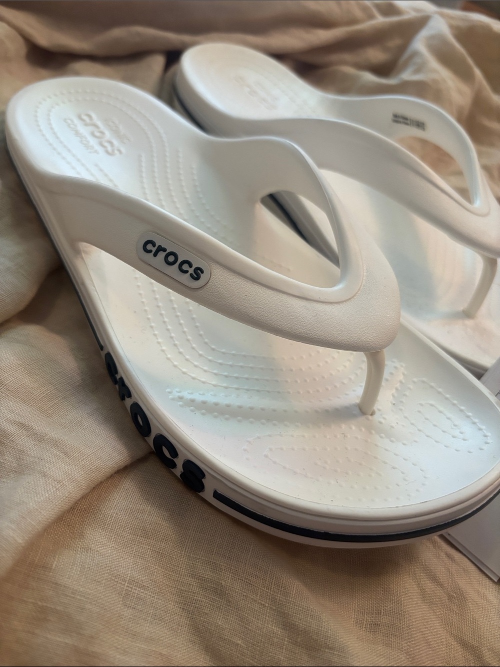CROCS Women’s White Thong Sandals with Dark Trim